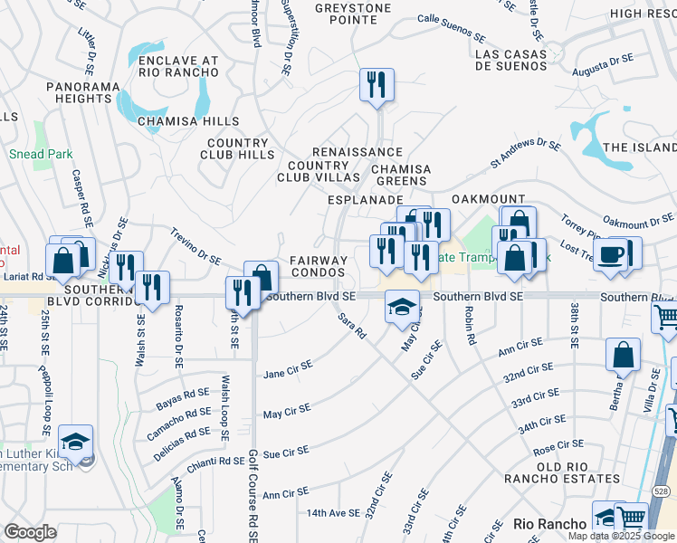 map of restaurants, bars, coffee shops, grocery stores, and more near 935 Country Club Drive Southeast in Rio Rancho