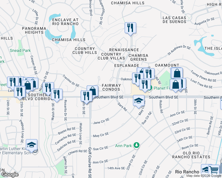 map of restaurants, bars, coffee shops, grocery stores, and more near 901 Country Club Drive Southeast in Rio Rancho