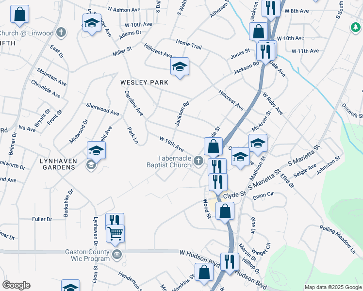 map of restaurants, bars, coffee shops, grocery stores, and more near 610 West 19th Avenue in Gastonia