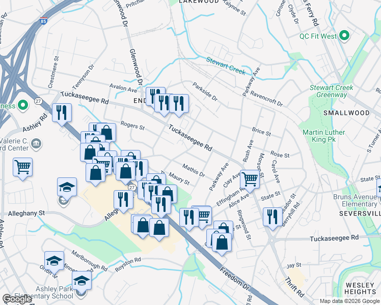 map of restaurants, bars, coffee shops, grocery stores, and more near 1217 Enderly Rd in Charlotte