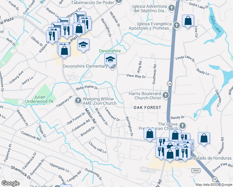 map of restaurants, bars, coffee shops, grocery stores, and more near 6720 Barrington Drive in Charlotte