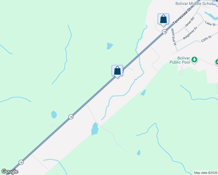 map of restaurants, bars, coffee shops, grocery stores, and more near 15990 Tennessee 18 in Bolivar