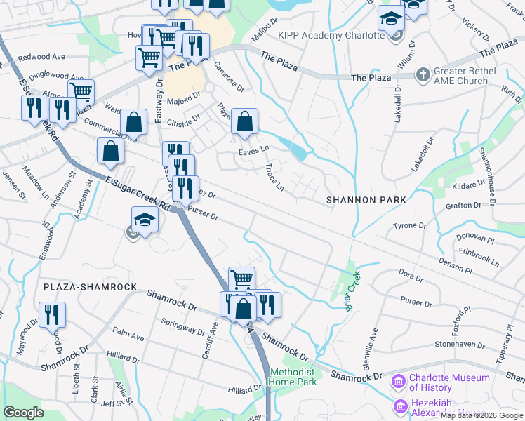 map of restaurants, bars, coffee shops, grocery stores, and more near 1909 Finchley Drive in Charlotte