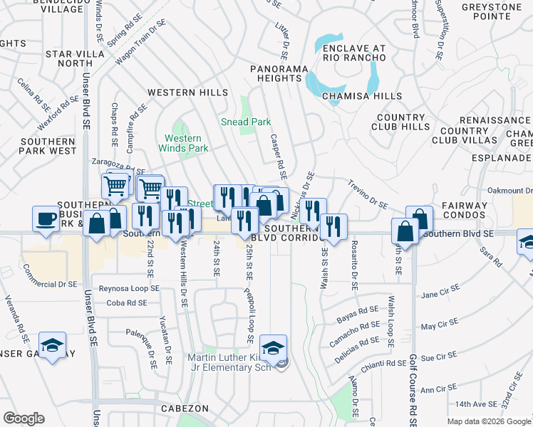 map of restaurants, bars, coffee shops, grocery stores, and more near 2517 Stallion Loop Southeast in Rio Rancho
