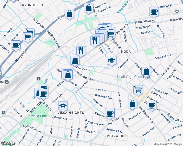 map of restaurants, bars, coffee shops, grocery stores, and more near 800 Charles Avenue in Charlotte
