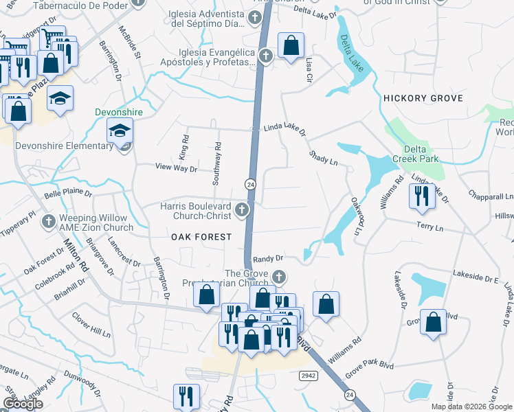 map of restaurants, bars, coffee shops, grocery stores, and more near 7000 Markway Drive in Charlotte
