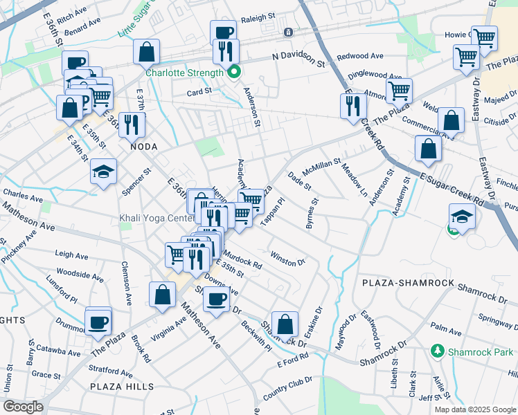 map of restaurants, bars, coffee shops, grocery stores, and more near 3420 The Plaza in Charlotte