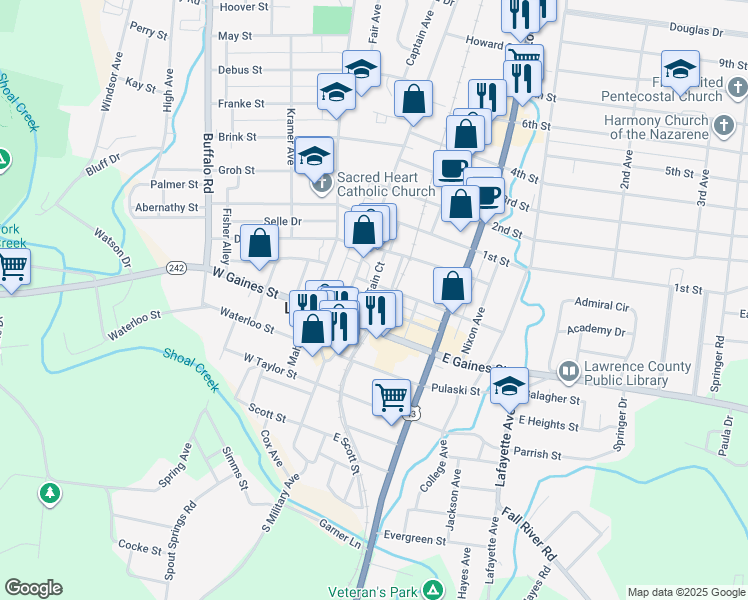 map of restaurants, bars, coffee shops, grocery stores, and more near 212 Fain Court in Lawrenceburg