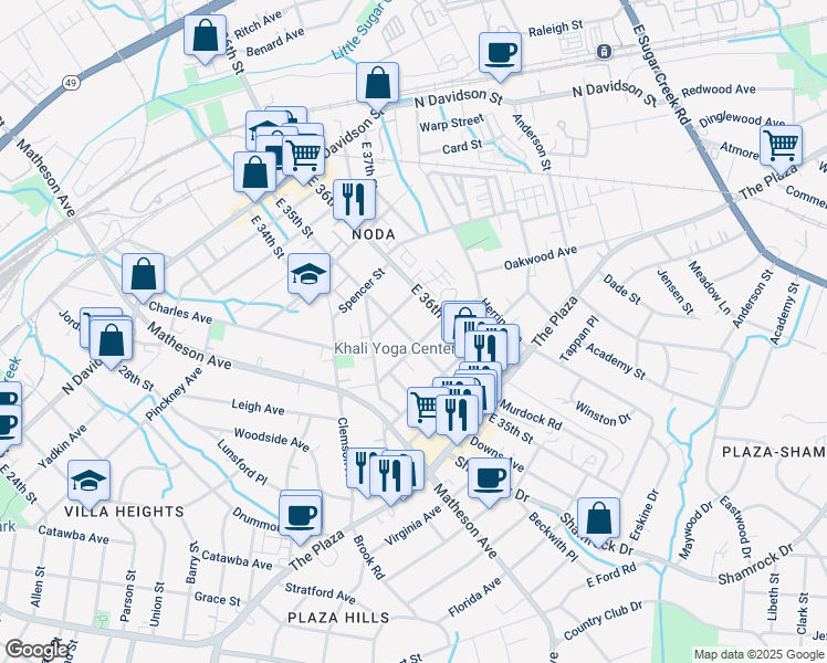 map of restaurants, bars, coffee shops, grocery stores, and more near 1019 East 35th Street in Charlotte