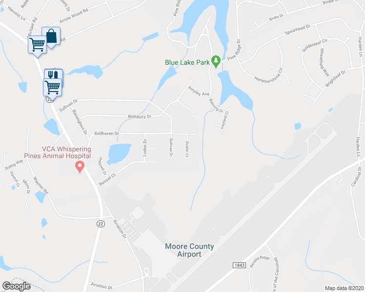 map of restaurants, bars, coffee shops, grocery stores, and more near 124 Dublin Court in Whispering Pines