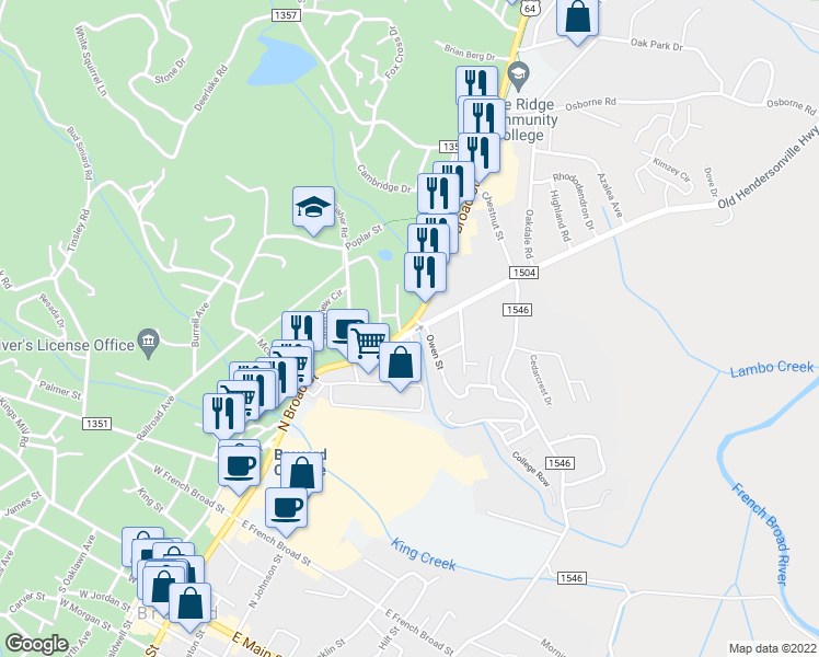 map of restaurants, bars, coffee shops, grocery stores, and more near 842 North Broad Street in Brevard
