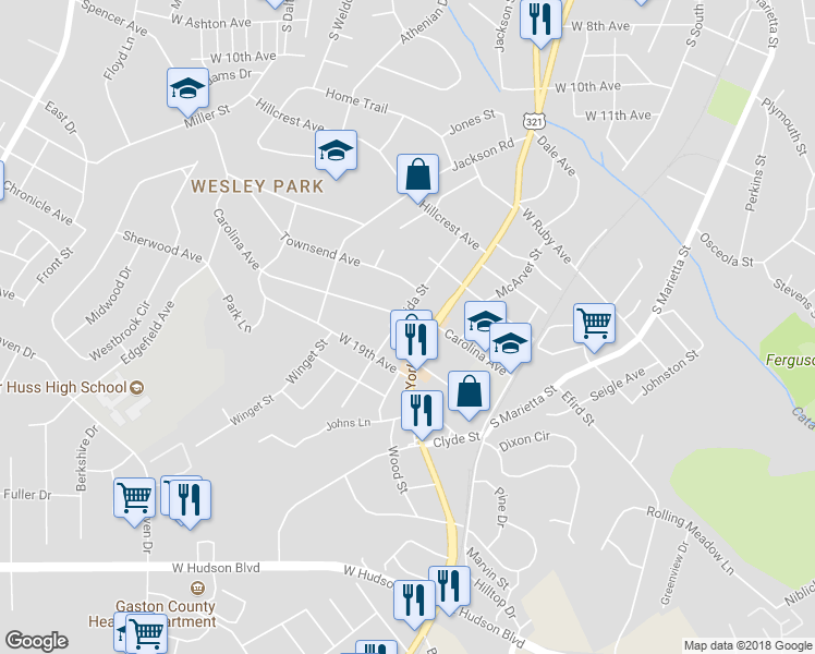 map of restaurants, bars, coffee shops, grocery stores, and more near 507 Carolina Avenue in Gastonia