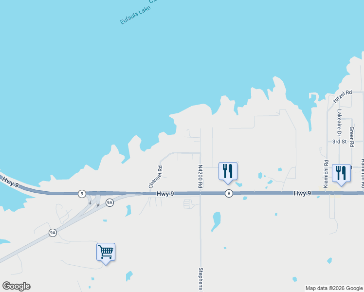 map of restaurants, bars, coffee shops, grocery stores, and more near Channel Road in Eufaula