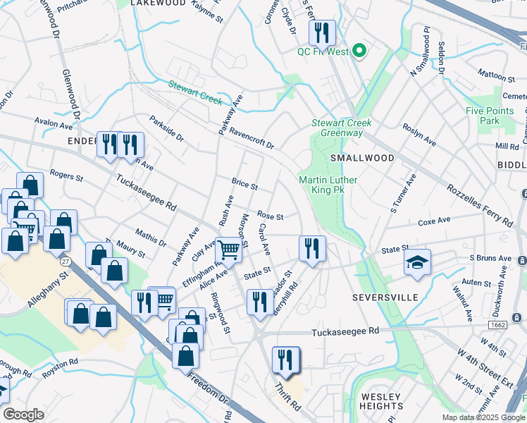 map of restaurants, bars, coffee shops, grocery stores, and more near 3001 Carol Avenue in Charlotte
