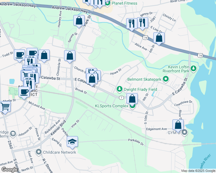 map of restaurants, bars, coffee shops, grocery stores, and more near 543 Catawba Street in Belmont