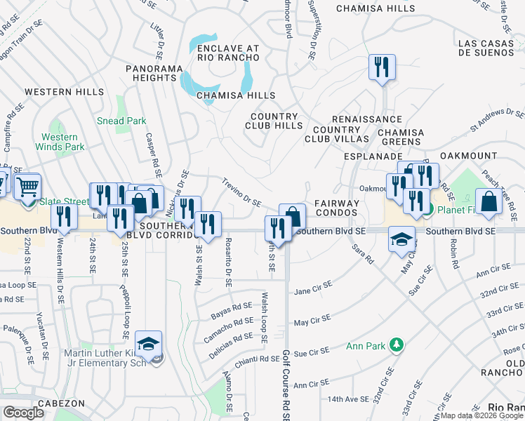 map of restaurants, bars, coffee shops, grocery stores, and more near 2900 Trevino Drive Southeast in Rio Rancho