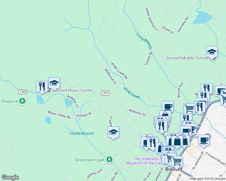 map of restaurants, bars, coffee shops, grocery stores, and more near 164 Burrell Mountain Road in Brevard