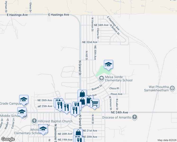 map of restaurants, bars, coffee shops, grocery stores, and more near 2909 North Hill Street in Amarillo