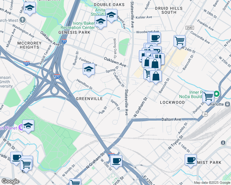 map of restaurants, bars, coffee shops, grocery stores, and more near 901 Polk Street in Charlotte