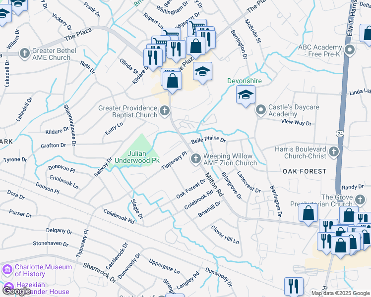 map of restaurants, bars, coffee shops, grocery stores, and more near 2118 Milton Road in Charlotte