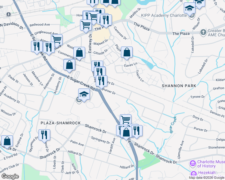 map of restaurants, bars, coffee shops, grocery stores, and more near 1709 Purser Drive in Charlotte