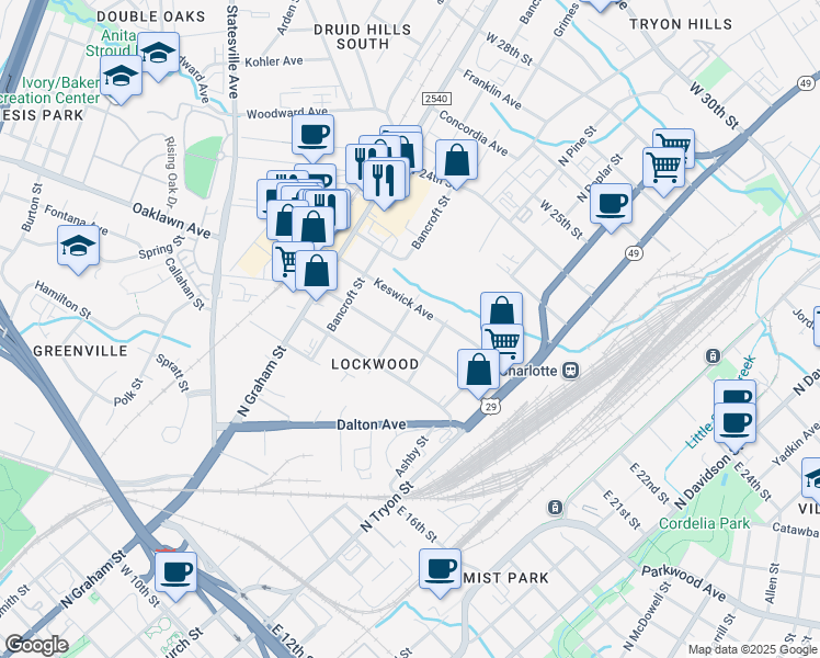 map of restaurants, bars, coffee shops, grocery stores, and more near 320 Sylvania Avenue in Charlotte