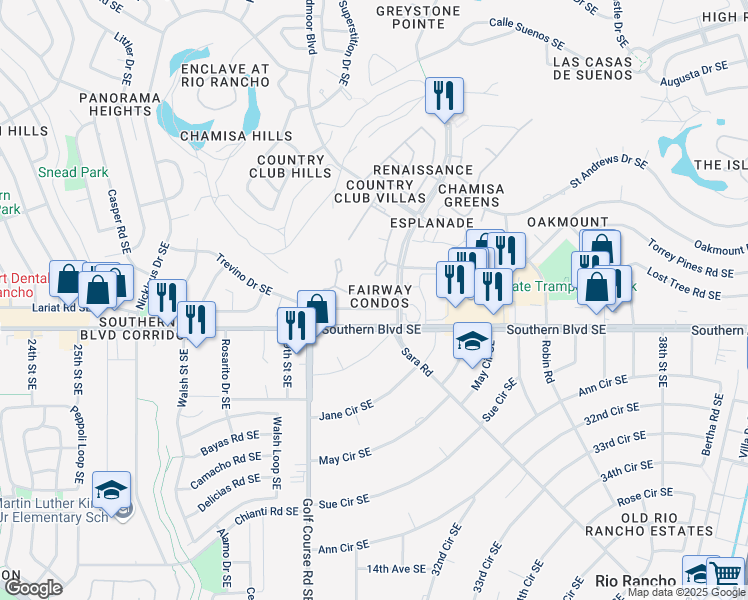 map of restaurants, bars, coffee shops, grocery stores, and more near 901 Country Club Drive Southeast in Rio Rancho