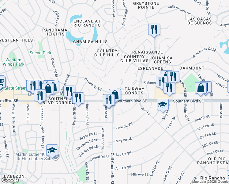 map of restaurants, bars, coffee shops, grocery stores, and more near 2981 Trevino Drive Southeast in Rio Rancho