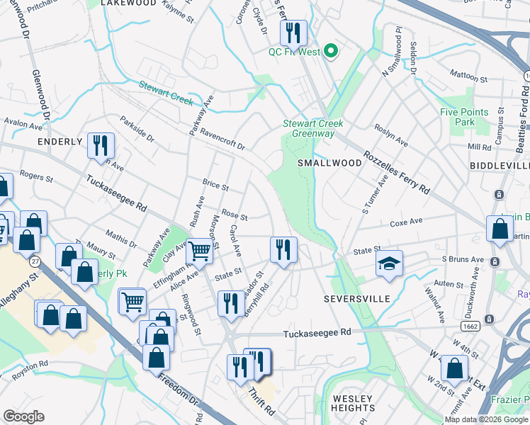 map of restaurants, bars, coffee shops, grocery stores, and more near 542 Ambassador Street in Charlotte
