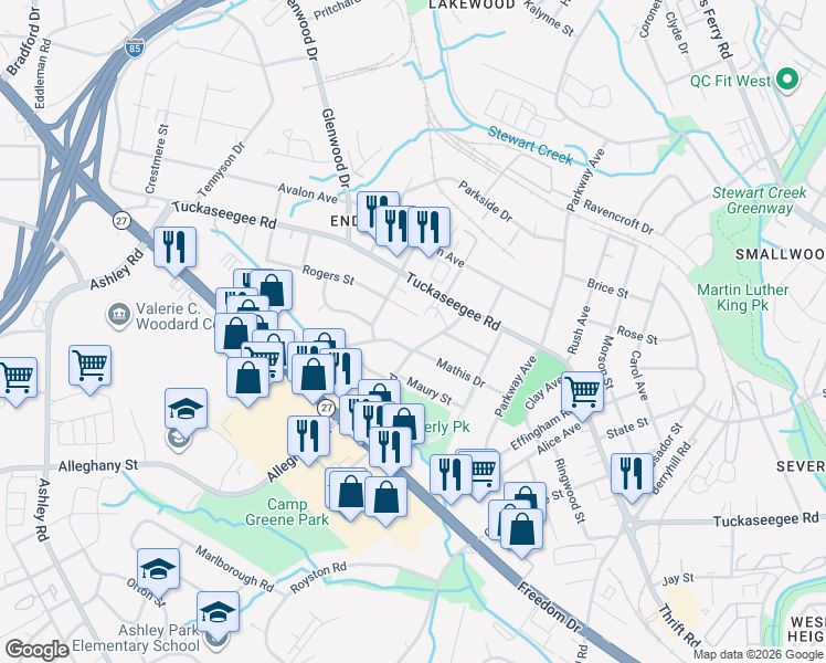 map of restaurants, bars, coffee shops, grocery stores, and more near 1318 Enderly Road in Charlotte