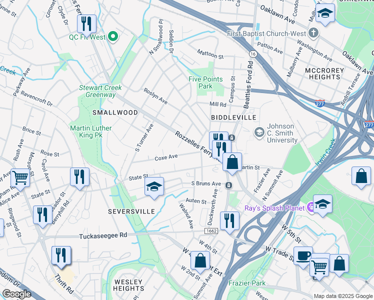 map of restaurants, bars, coffee shops, grocery stores, and more near 232 Coxe Avenue in Charlotte