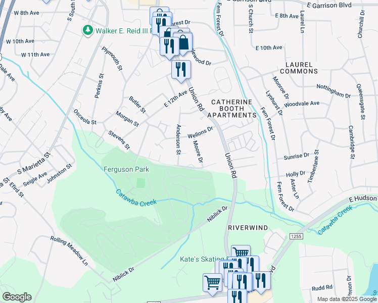 map of restaurants, bars, coffee shops, grocery stores, and more near 614 Tompkins Court in Gastonia