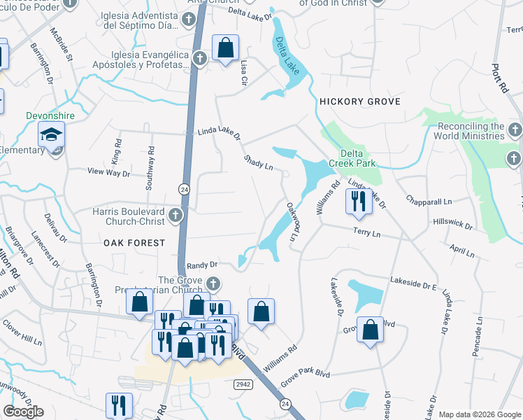 map of restaurants, bars, coffee shops, grocery stores, and more near 6405 Teague Lane in Charlotte