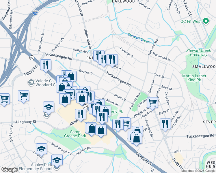 map of restaurants, bars, coffee shops, grocery stores, and more near 1318 Enderly Road in Charlotte