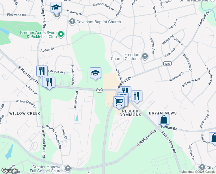 map of restaurants, bars, coffee shops, grocery stores, and more near 2434 S New Hope Rd in Gastonia
