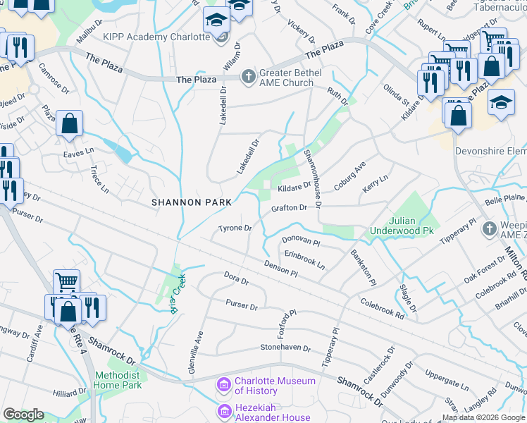 map of restaurants, bars, coffee shops, grocery stores, and more near 5145 Grafton Drive in Charlotte