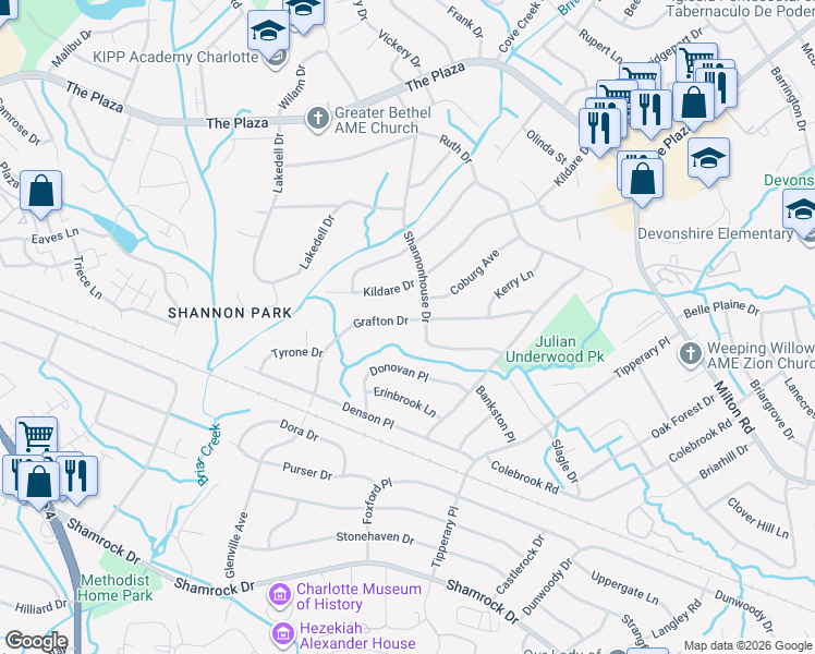 map of restaurants, bars, coffee shops, grocery stores, and more near 5240 Grafton Drive in Charlotte