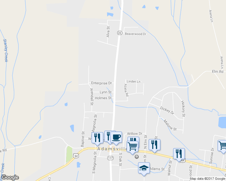 map of restaurants, bars, coffee shops, grocery stores, and more near 323 North Maple Street in Adamsville