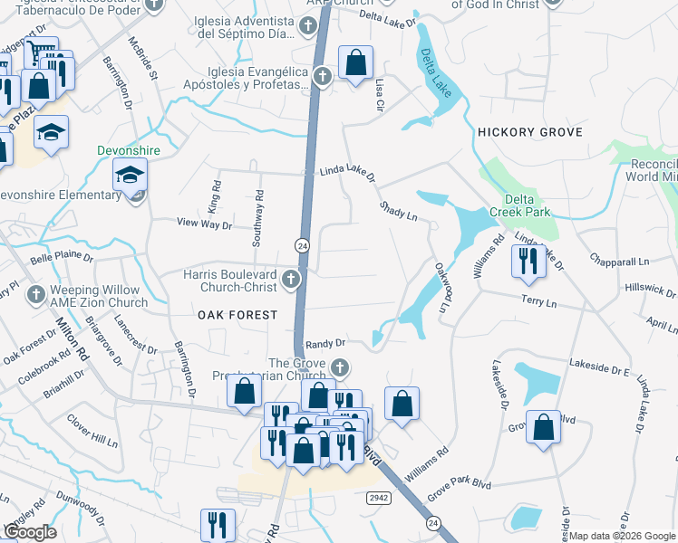 map of restaurants, bars, coffee shops, grocery stores, and more near 7045 Markway Dr in Charlotte