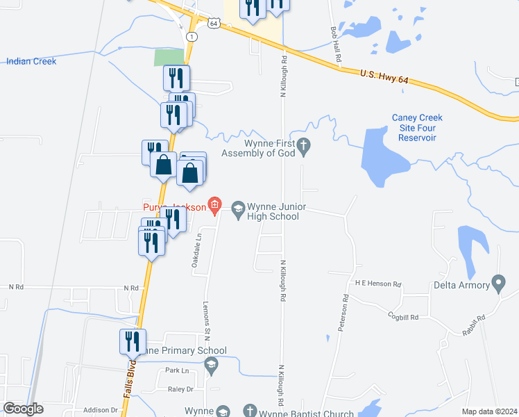 map of restaurants, bars, coffee shops, grocery stores, and more near 1205 Eldridge Avenue in Wynne