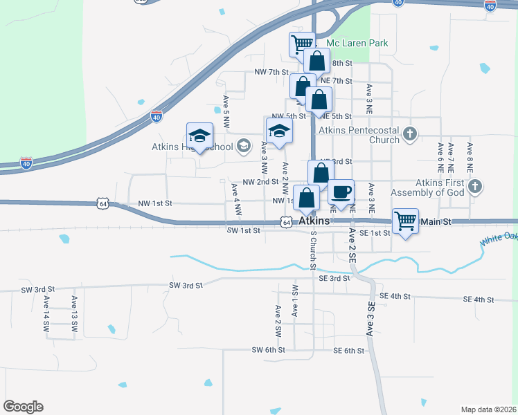 map of restaurants, bars, coffee shops, grocery stores, and more near 406 W Main St in Atkins