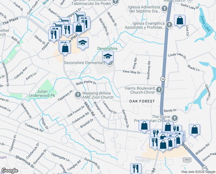 map of restaurants, bars, coffee shops, grocery stores, and more near 4818 Delivau Drive in Charlotte