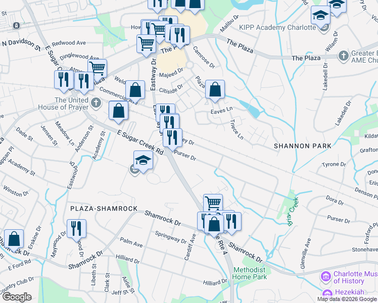 map of restaurants, bars, coffee shops, grocery stores, and more near 1709 Purser Drive in Charlotte