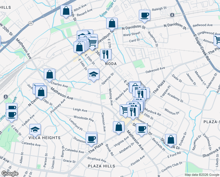 map of restaurants, bars, coffee shops, grocery stores, and more near in Charlotte