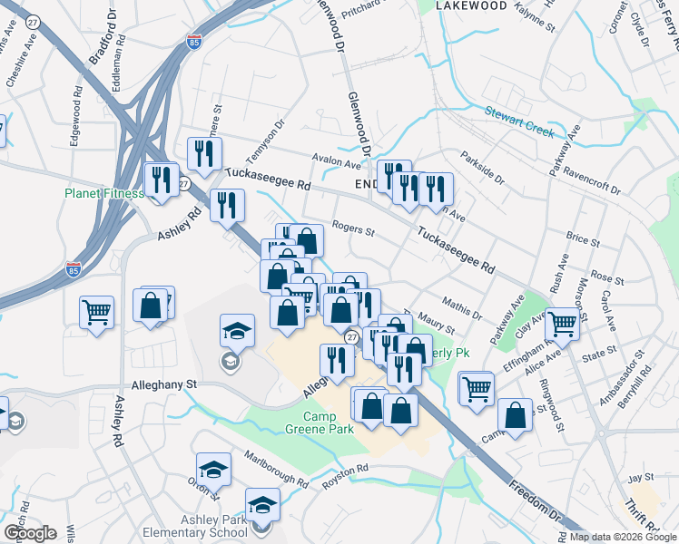 map of restaurants, bars, coffee shops, grocery stores, and more near 3012 Freedom Drive in Charlotte