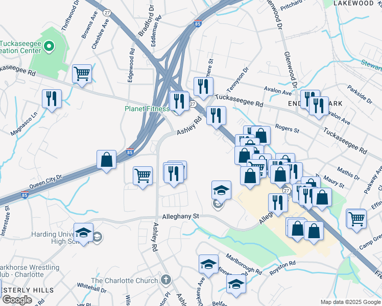 map of restaurants, bars, coffee shops, grocery stores, and more near 3205 Freedom Drive in Charlotte