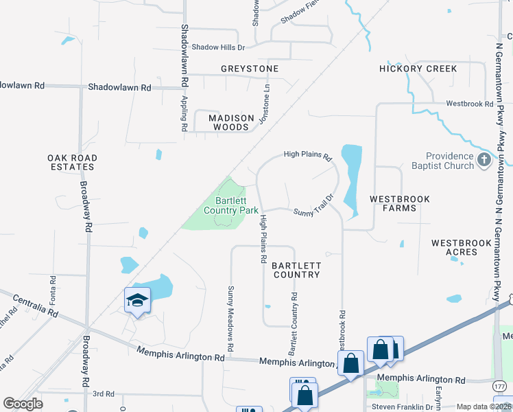 map of restaurants, bars, coffee shops, grocery stores, and more near 4282 High Plains Road in Bartlett