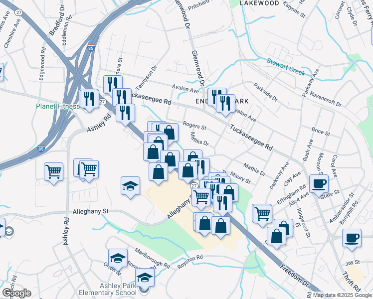 map of restaurants, bars, coffee shops, grocery stores, and more near 3012 Freedom Drive in Charlotte
