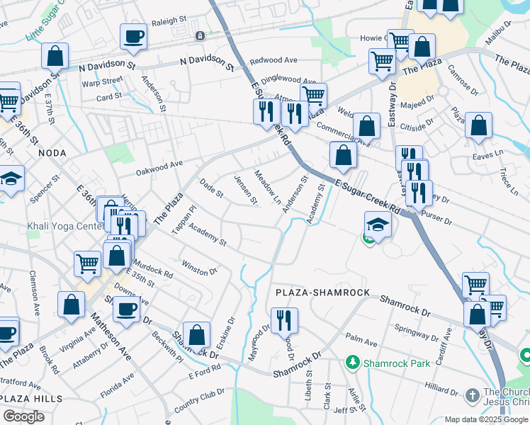 map of restaurants, bars, coffee shops, grocery stores, and more near 1709 Anderson Street in Charlotte