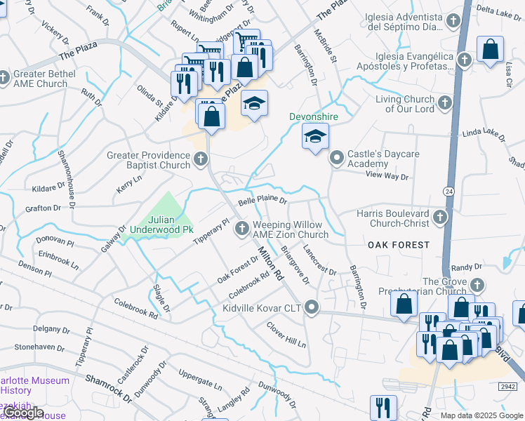 map of restaurants, bars, coffee shops, grocery stores, and more near 2208 Briargrove Drive in Charlotte